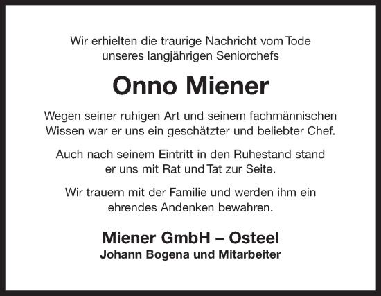 Traueranzeige von Onno Miener 