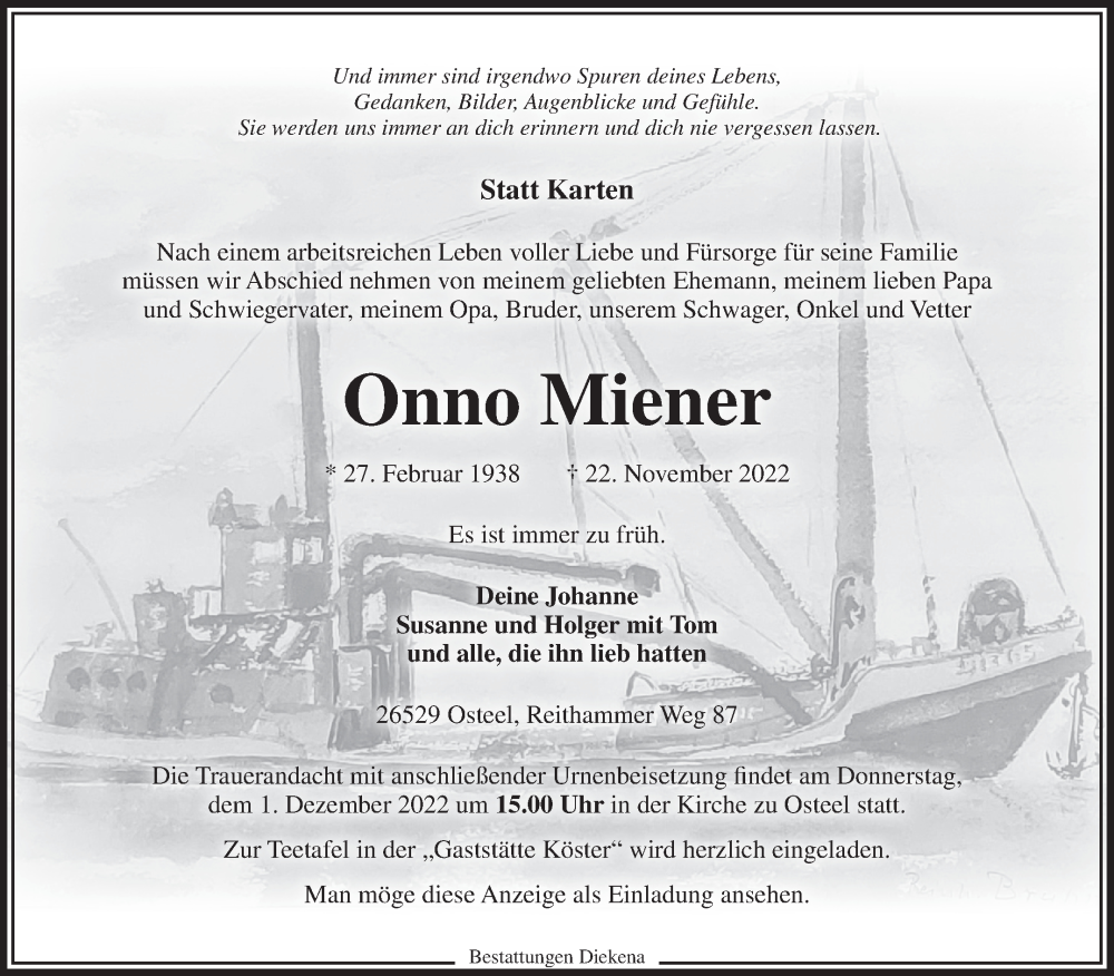 Traueranzeige für Onno Miener vom 25.11.2022 aus 