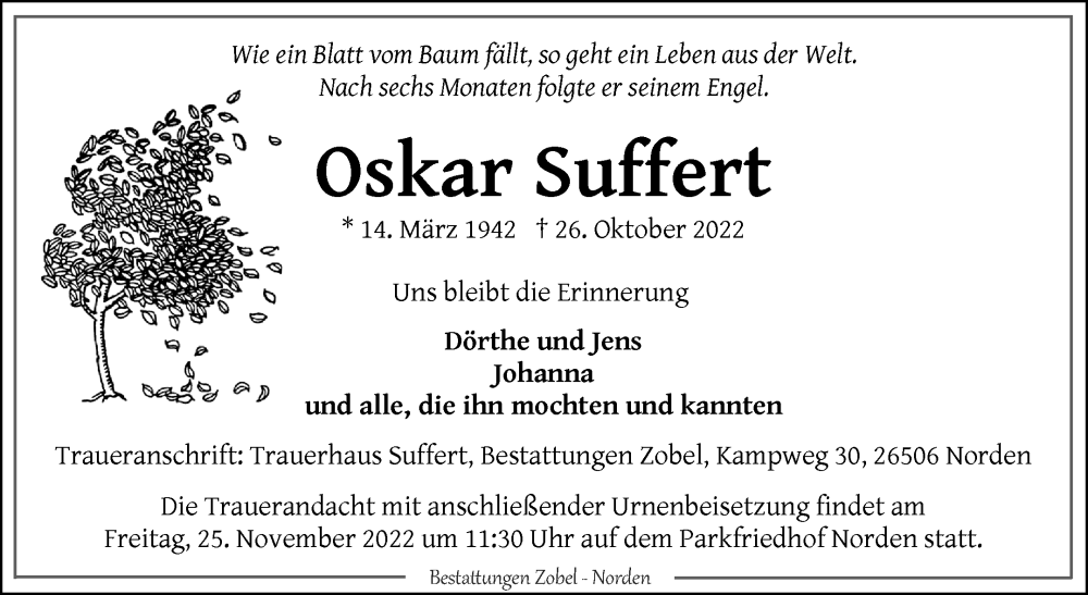  Traueranzeige für Oskar Suffert vom 19.11.2022 aus 