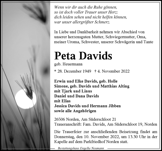 Traueranzeige von Peta Davids 