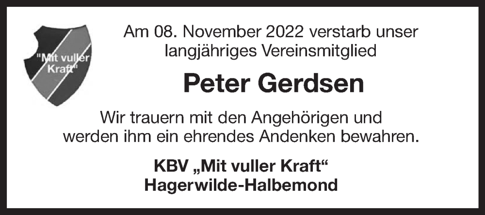  Traueranzeige für Peter Gerdsen vom 15.11.2022 aus 