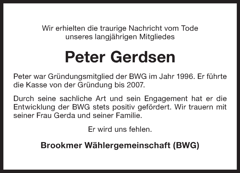  Traueranzeige für Peter Gerdsen vom 19.11.2022 aus 
