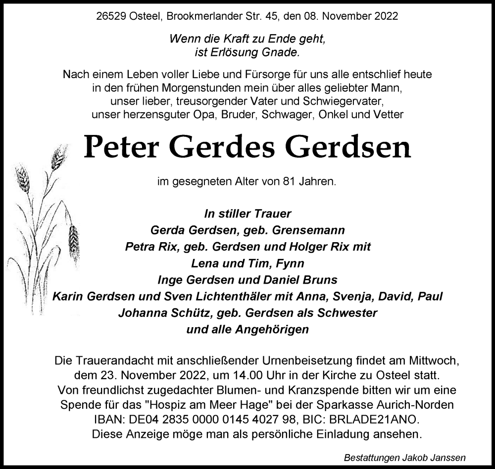  Traueranzeige für Peter Gerdes Gerdsen vom 14.11.2022 aus 