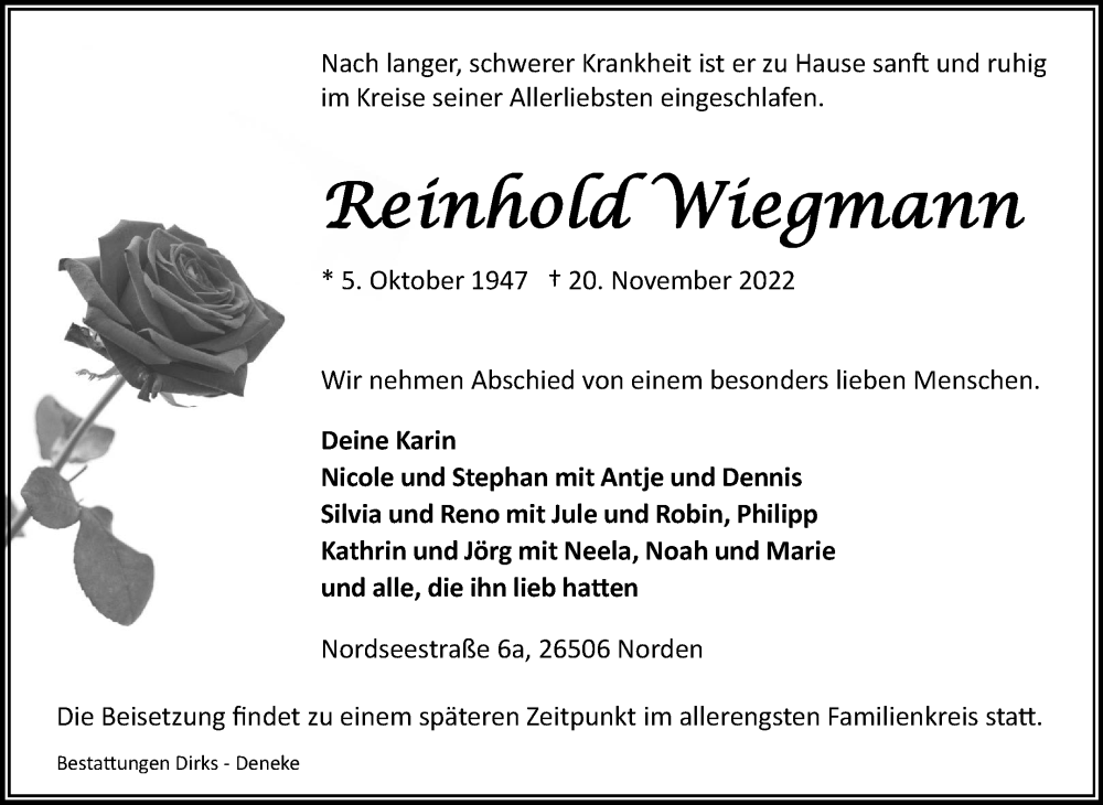 Traueranzeige für Reinhold Wiegmann vom 22.11.2022 aus 