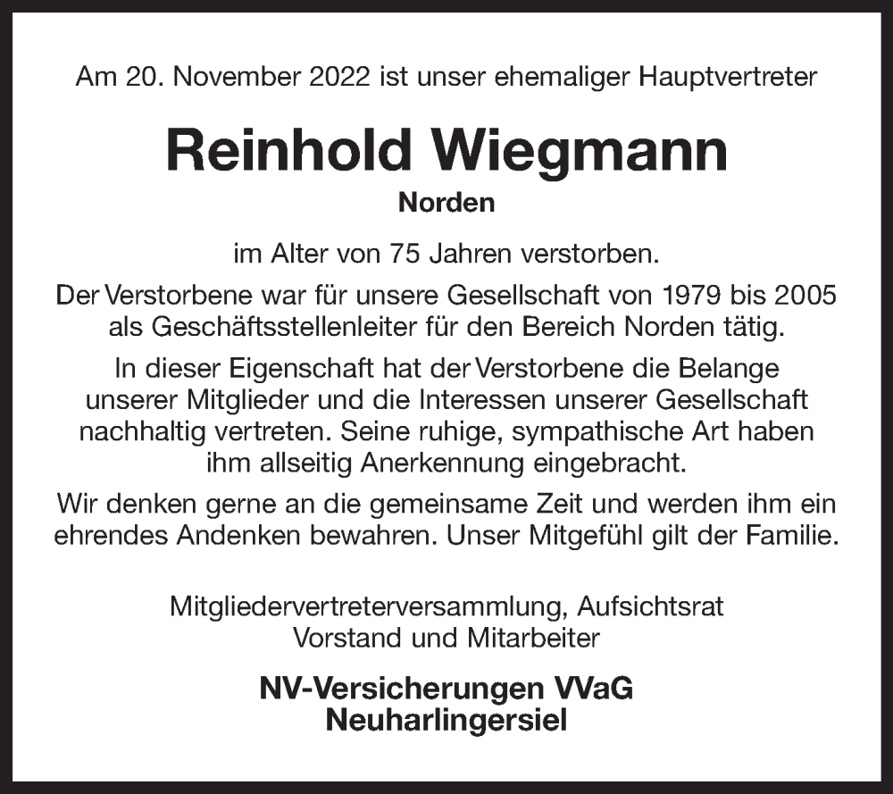  Traueranzeige für Reinhold Wiegmann vom 26.11.2022 aus 