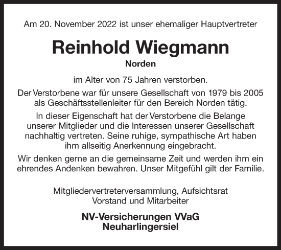 Traueranzeige von Reinhold Wiegmann 