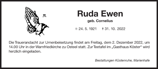 Traueranzeige von Ruda Ewen 