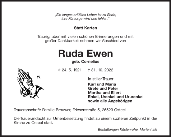 Traueranzeige von Ruda Ewen 