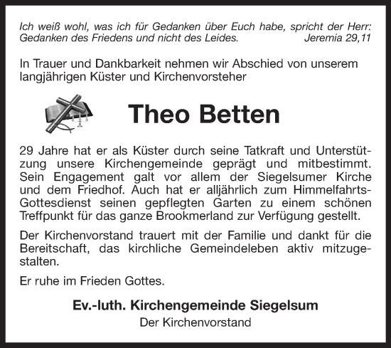Traueranzeige von Theo Betten 