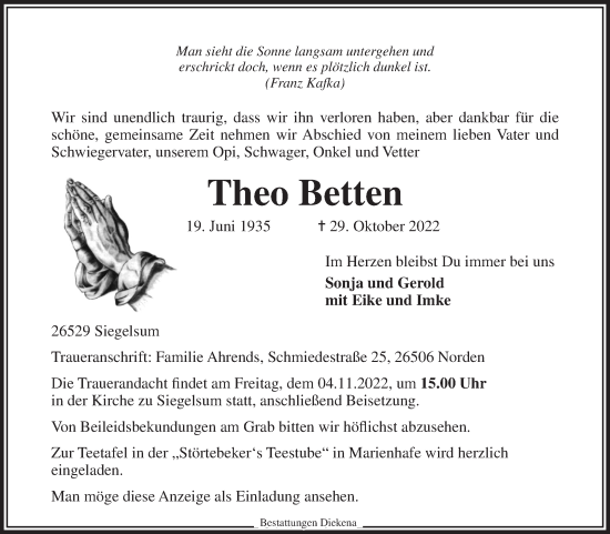 Traueranzeige von Theo Betten 