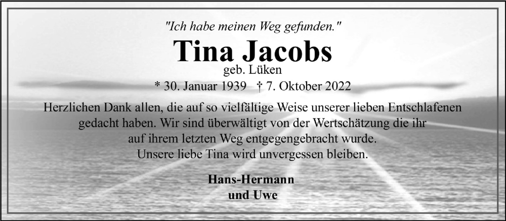  Traueranzeige für Tina Jacobs vom 19.11.2022 aus 