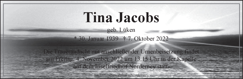  Traueranzeige für Tina Jacobs vom 03.11.2022 aus 