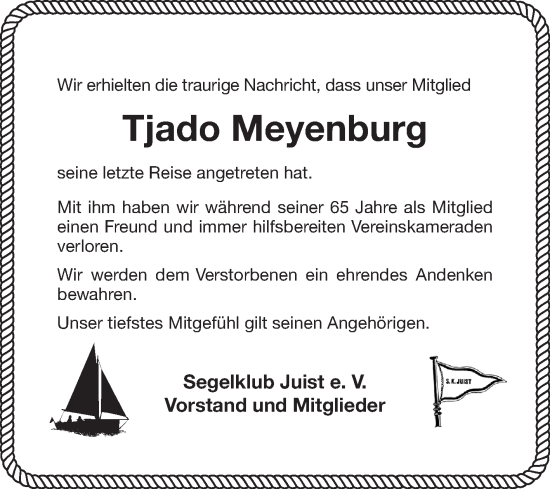 Traueranzeige von Tjado Meyenburg 
