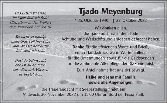 Traueranzeige von Tjado Meyenburg 
