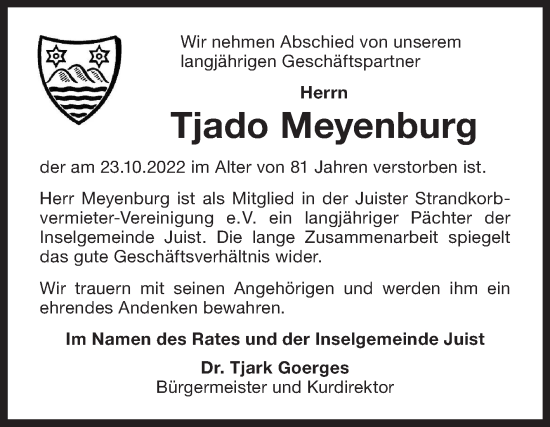 Traueranzeige von Tjado Meyenburg 