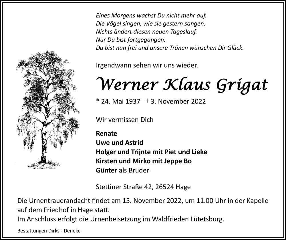  Traueranzeige für Werner Klaus Grigat vom 08.11.2022 aus 