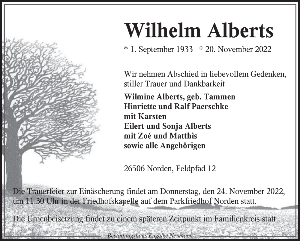 Traueranzeige für Wilhelm Alberts vom 22.11.2022 aus 