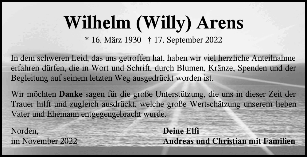  Traueranzeige für Wilhelm Arens vom 05.11.2022 aus 