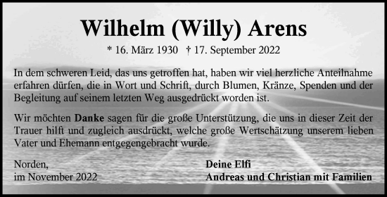 Traueranzeige von Wilhelm Arens 