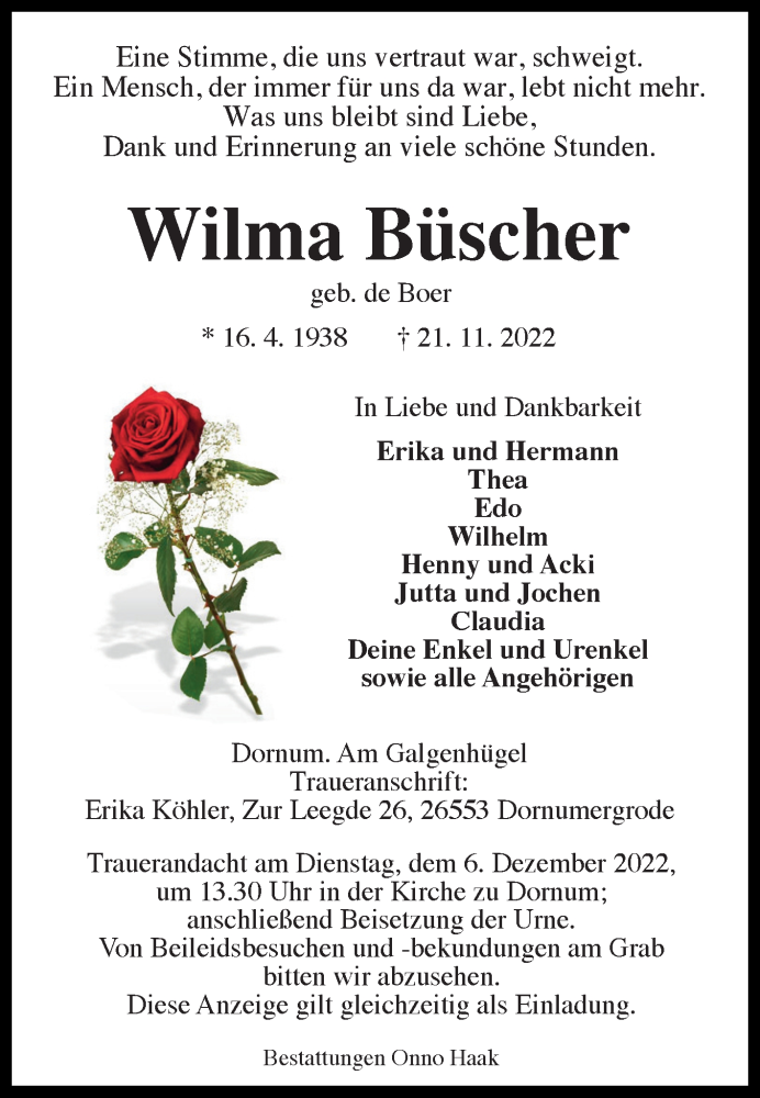 Traueranzeige für Wilma Büscher vom 23.11.2022 aus 