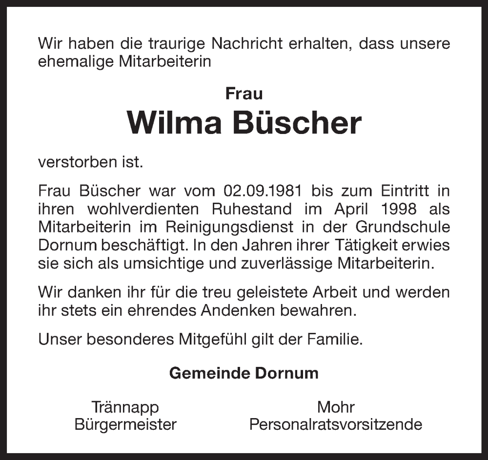  Traueranzeige für Wilma Büscher vom 30.11.2022 aus 