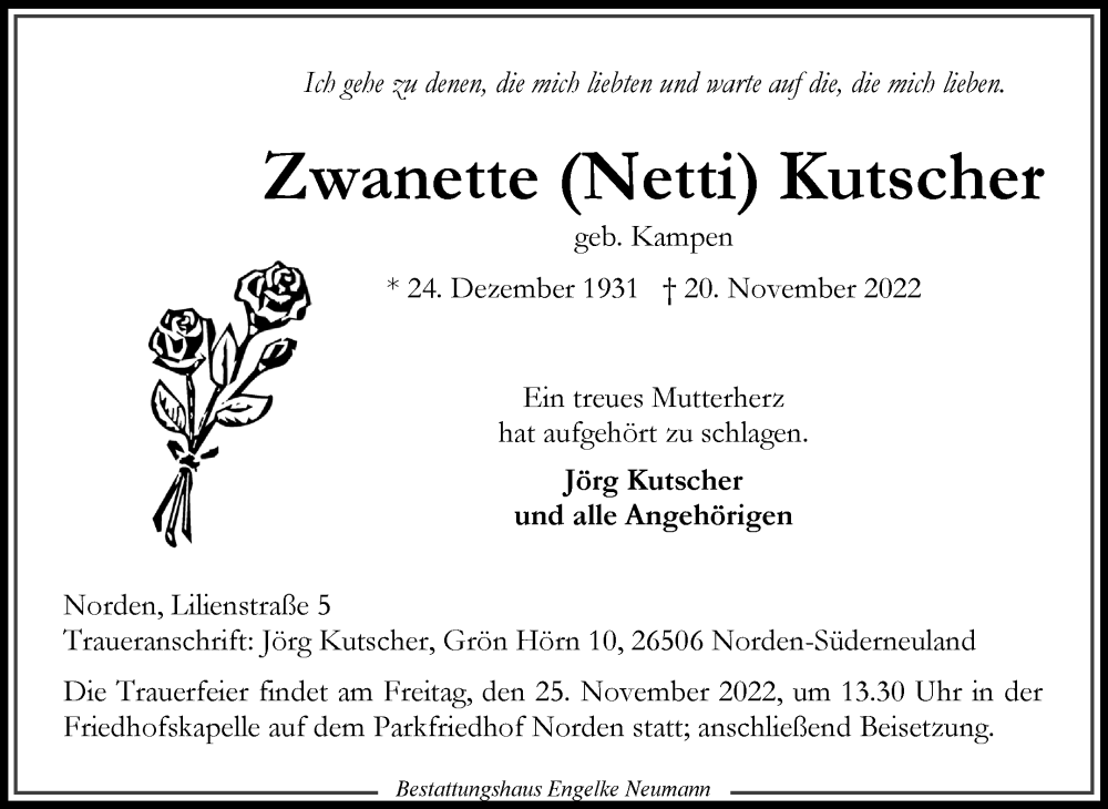  Traueranzeige für Zwanette Kutscher vom 22.11.2022 aus 