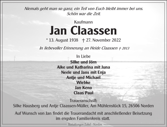 Traueranzeige von Jan Claassen 