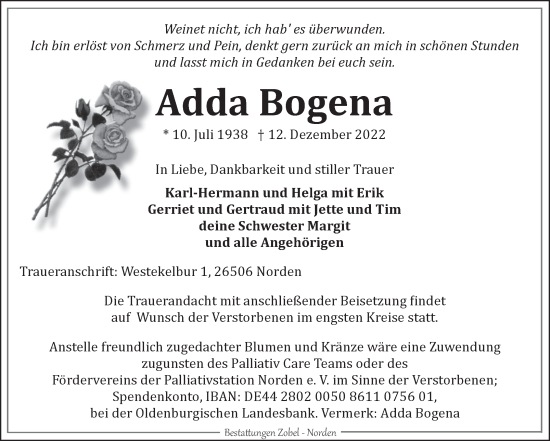 Traueranzeige von Adda Bogena 