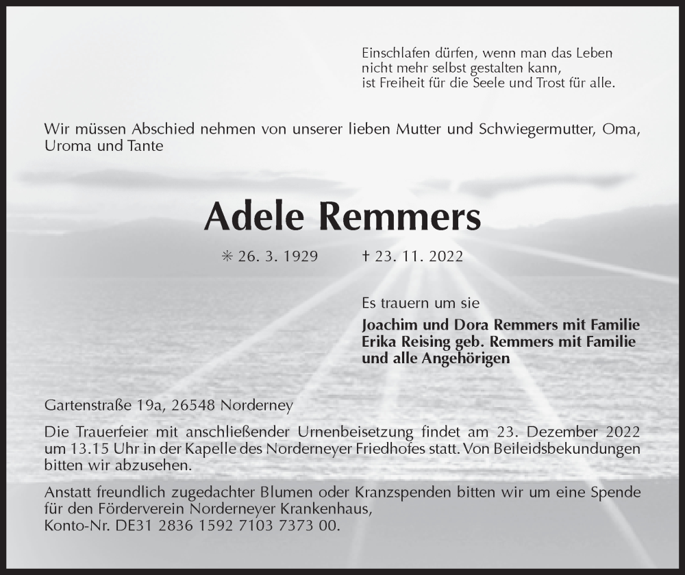  Traueranzeige für Adele Remmers vom 13.12.2022 aus 