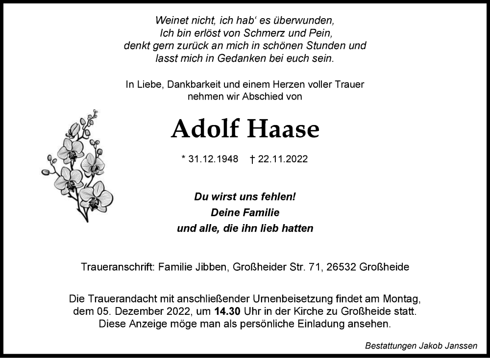  Traueranzeige für Adolf Haase vom 01.12.2022 aus 