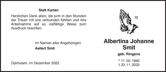 Traueranzeige von Albertina Johanne Smit 