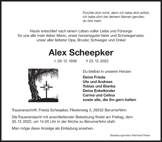 Traueranzeige von Alex Scheepker 