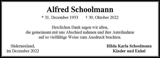Traueranzeige von Alfred Schoolmann 