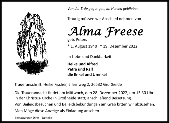 Traueranzeige von Alma Freese 