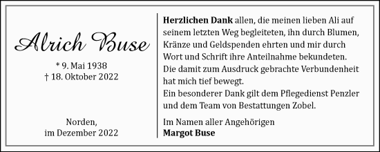 Traueranzeige von Alrich Buse 