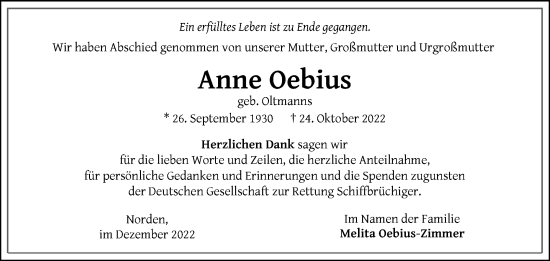 Traueranzeige von Anne Oebius 