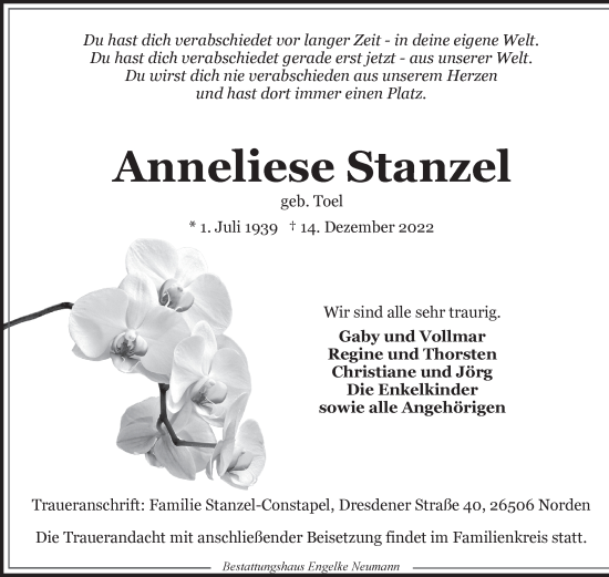 Traueranzeige von Anneliese Stanzel 