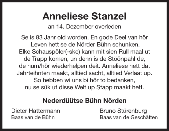 Traueranzeige von Anneliese Stanzel 