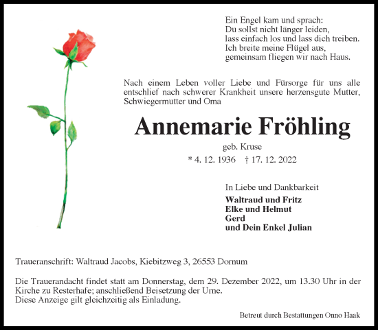 Traueranzeige von Annemarie Fröhling 