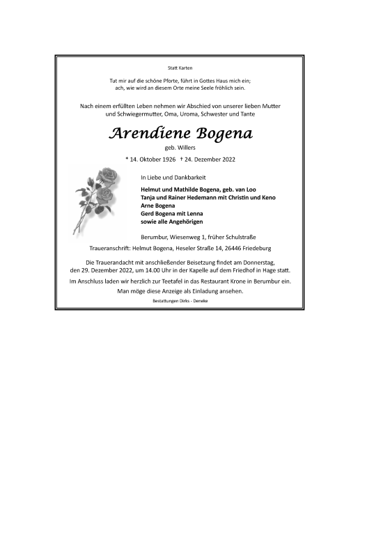 Traueranzeige von Arendiene Bogena 