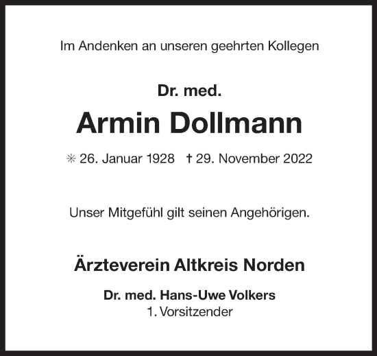 Traueranzeige von Armin Dollmann 
