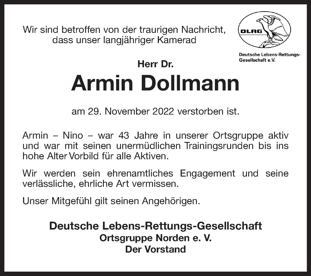  Traueranzeige für Armin Dollmann vom 09.12.2022 aus 