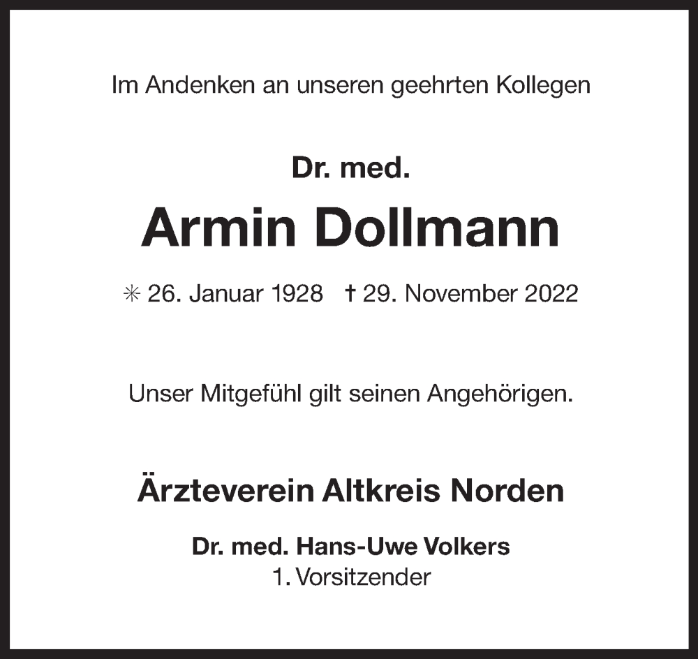  Traueranzeige für Armin Dollmann vom 10.12.2022 aus 