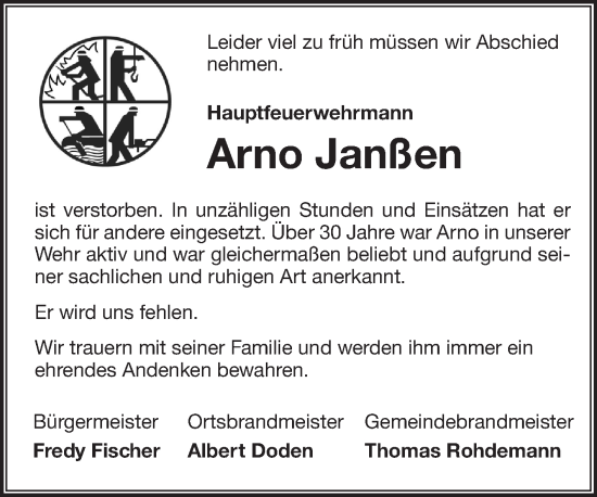 Traueranzeige von Arno Janßen 