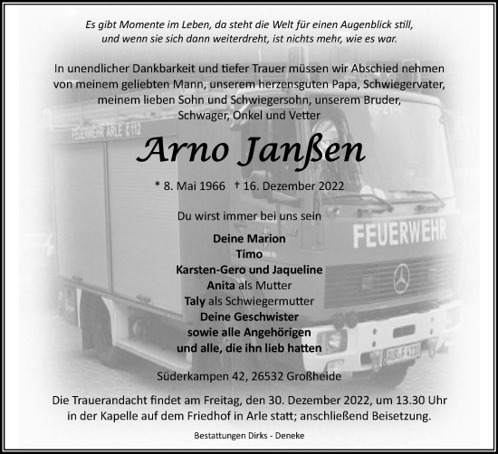 Traueranzeige von Arno Janßen 