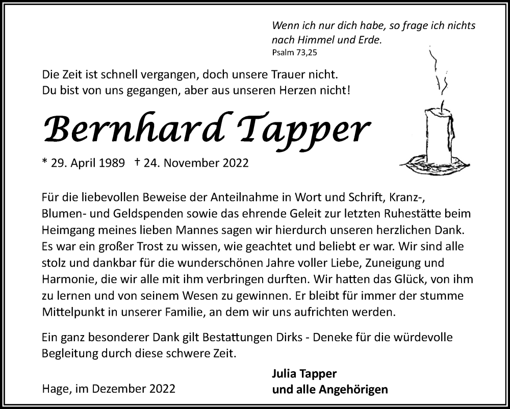  Traueranzeige für Bernhard Tapper vom 31.12.2022 aus 