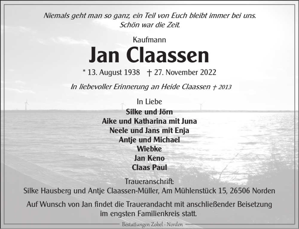  Traueranzeige für Jan Claassen vom 30.11.2022 aus 