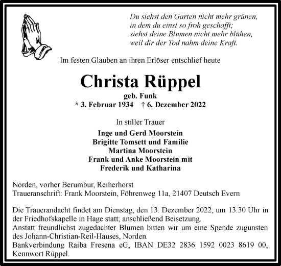 Traueranzeige von Christa Rüppel 
