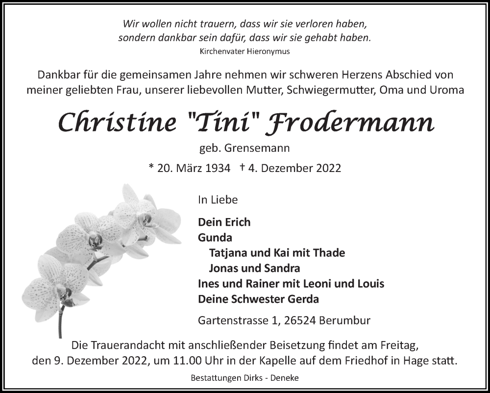  Traueranzeige für Christine Frodermann vom 07.12.2022 aus 