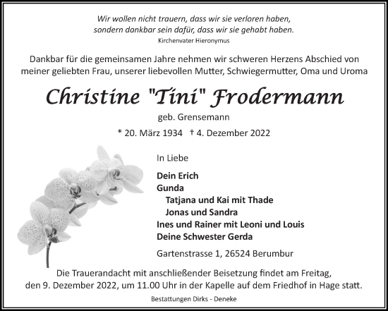 Traueranzeige von Christine Frodermann 